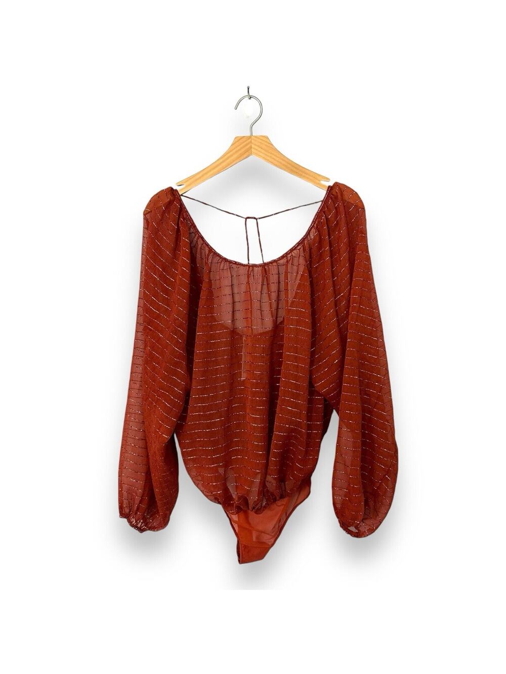 Free People Intimately Bodysuit Maroon Metallic Striped Sheer Boho Oversized S